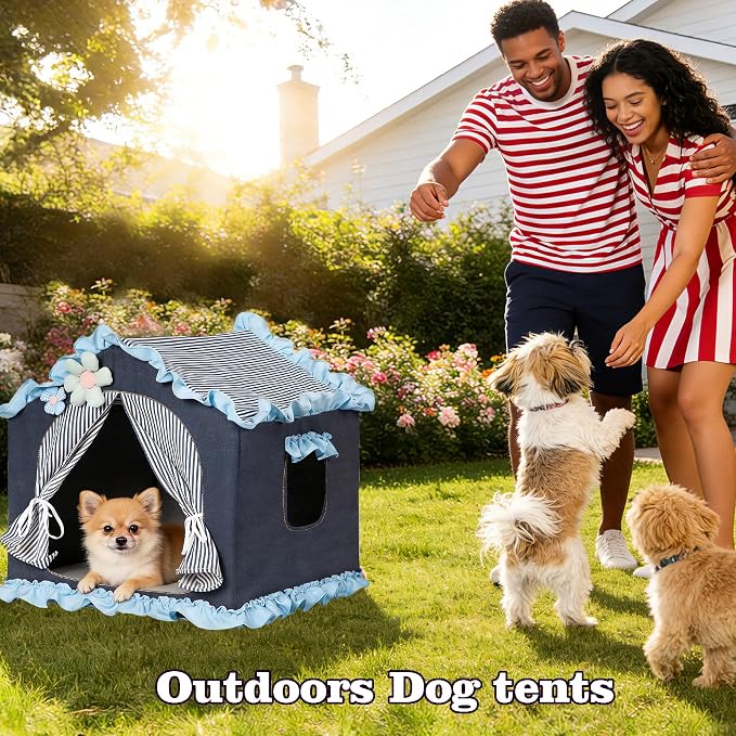 Denim Blue Indoor Dog House with Frame and Princess Style Cat Houses for Indoor Cats, Breathable Washable Cat Bed & Cat Tent, M Size (17×17×17 Inches) for 8-20 lbs. Pets.
