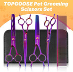 Dog Grooming Scissors Kit, Professional 6 in 1 Pet Scissors Sharp Shears Set - Straight, Thinning, Chunker, Curved Shears and Comb for Long Short Hair for Dog Cat (Set, Purple)