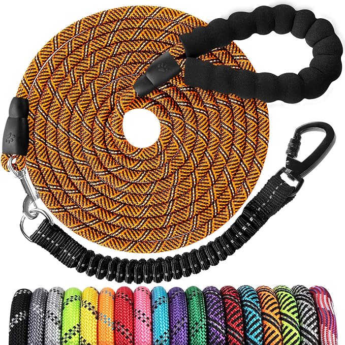 Long Dog Leash 20 FT: Heavy Duty Rope Leashes for Dogs Training with Swivel Lockable Hook Reflective Threads Bungee and Padded Handle - Dog Lead for Large Small Medium Dogs Outside Walking Hiking
