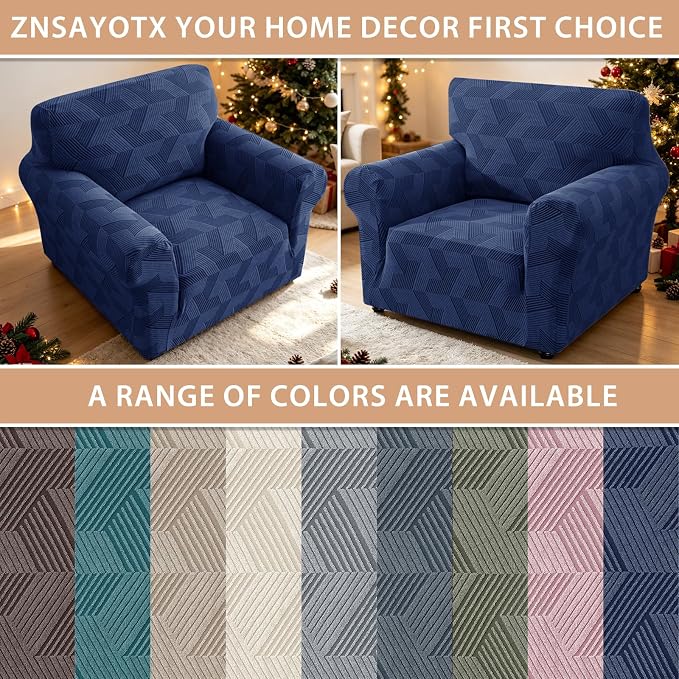ZNSAYOTX Stretch Armchair Covers for, 1-Piece Chair Slipcovers for Living Room, Furniture Protector with Elastic Bottom for Dogs Cats Kids Geometrical Jacquard Fabric (Small, Navy Blue)
