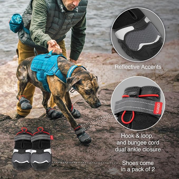 Kurgo Blaze Cross Dog Shoes, Chili Red/Black, Large, 2 Pack | All Season Paw Protectors, Lightweight & Breathable, Water-Resistant, Reflective Accents, No-Slip, Includes 2 Shoes
