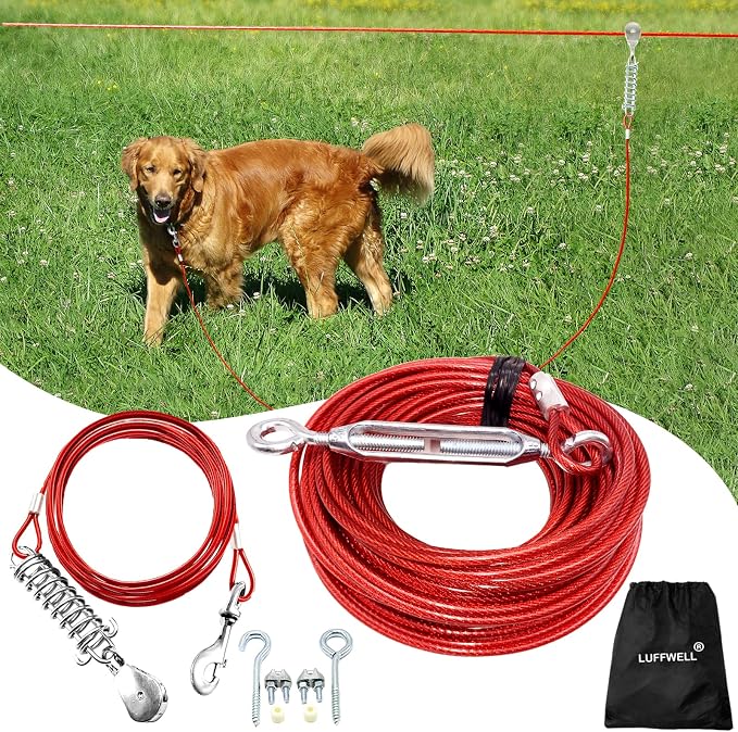 Dog Runner for Yard, Trolley System, 100FT+15FT, Red | Chew-resistant Cable, Shock Spring Softens Pulls, 360° Swivel Reduce Tangles