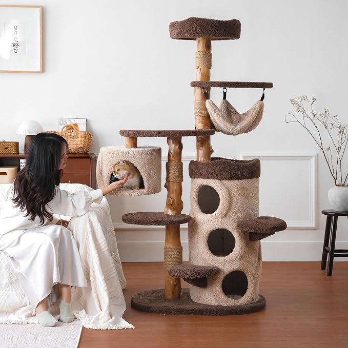 Modern Cat Tree for Indoor Large Cats & Multi-Cat Households, 68'' Solid Wood Cat Tower with 3 Condos, Heavy Duty Cat Tower with Scratching Post, Multi-Level Cat House, Perch, Hammock, Hideaway, Brown