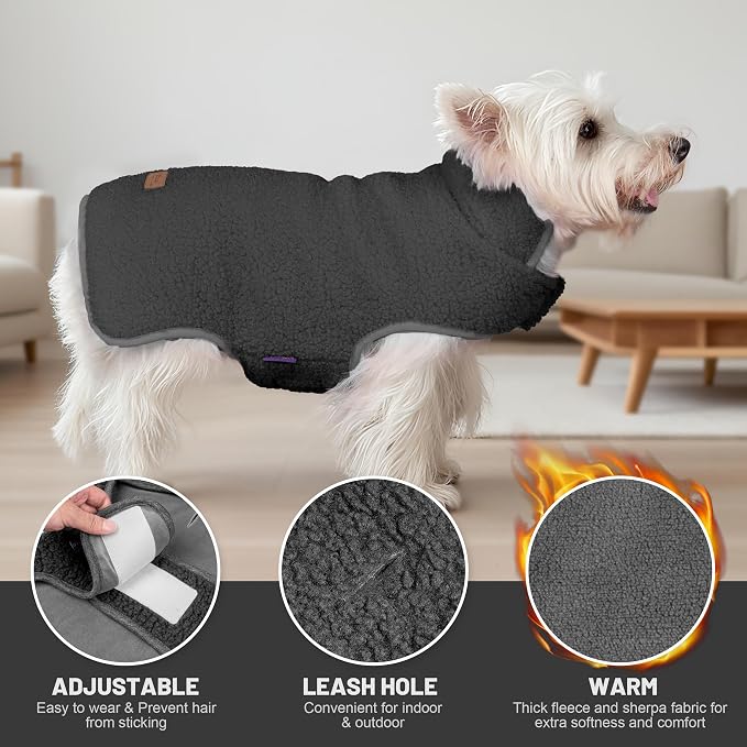 cyeollo Small Dog Coat, Sherpa Dog Winter Coat Reversible Fleece Doggie Jackets Doggy Sweater for Small Dogs Male with Leash Hole, Soft Cold Weather Pet Clothes, Dark Grey M