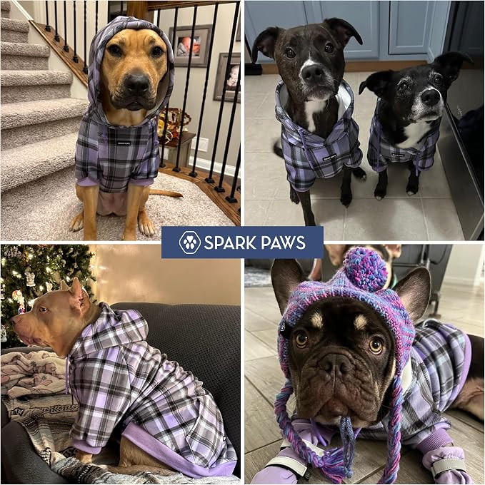 Spark Paws Dog Hoodie – Premium Dog Sweater for Small, Medium, and Large Dogs | Warm Outfits for French Bulldogs, Pitbull, Puppy, Winter Jacket Alternative - Purple Plaid - 5XL