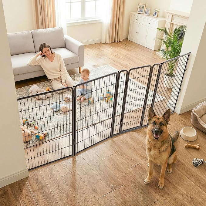 FXW Dog Gate, Extra Wide Adjustable for Openings Up to 111", 45" H | Flexible Space Control, Easy Walk-Through Access, 3 Panels + 1 Gate, For Large Dogs, Garage Use