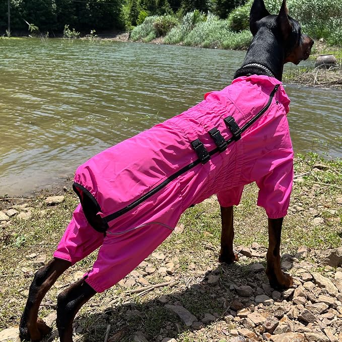 Lovelonglong Waterproof Dog Raincoat – 4-Leg Full Body Dog Rain Suit with Reflective Strips & Leash Opening, Outdoor Dog Jacket for Rainy Weather
