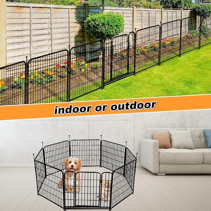 Getlay Garden Fence with Gate 36 in(H)×27 in(L) 4 Panels, Heavy Duty Iron Animal Barrier Fence, Rabbit Fence for Garden, Suitable for Indoor Pet Or Outdoor Dog Fencing, Total 8.9 Ft(L), Black