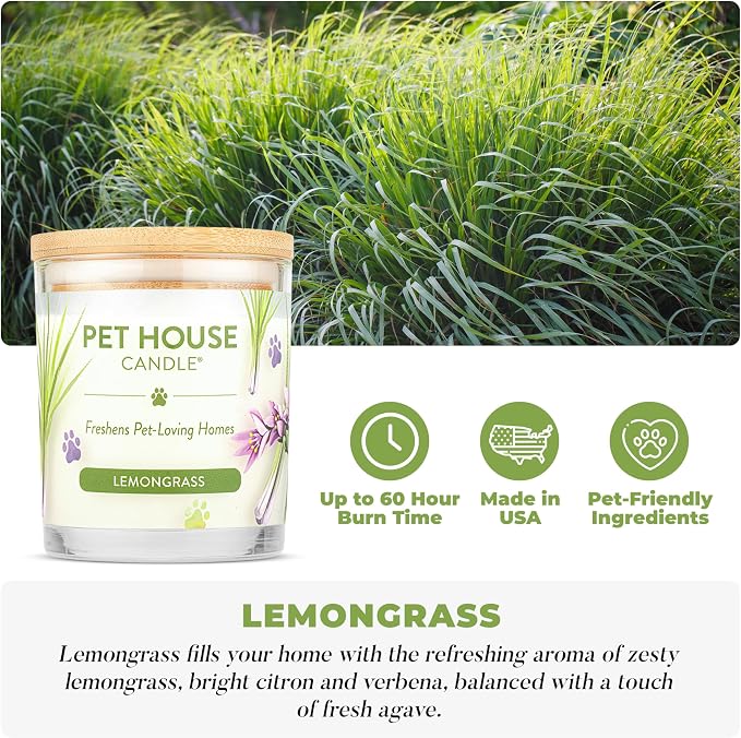 Pet House Candles, Long Burning Scented Candles for Pet Odors, Plant-Based, 60 Hour Burn Time - Lemongrass, 9 oz