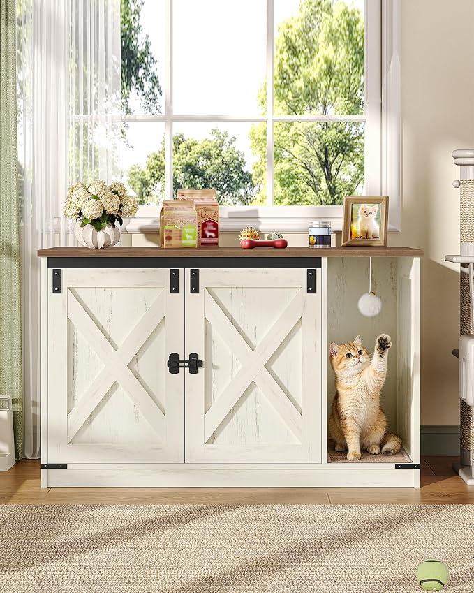Hzuaneri Cat Litter Box Enclosure, Hidden Litter Box Cabinet Furniture | Indoor Cat House with Bell, Farmhouse Style, 31.5 x 19.7 x 20.9 Inches, for Hallway, Bedroom, Rustic Brown and White CB85214X