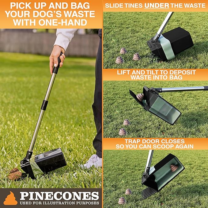 Neater Pet Brands Lift N’ Bag 2.0 Dog Pooper Scooper with Bag Attachment & 31" Pole for Small to Large Dogs, New Longer Pole, 195 Refill Bags, Heavy Duty Dog Poop Scooper for Yard, One-Hand Use