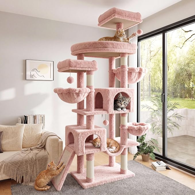 SHA CERLIN 82 inch Cat Tree Tower, Multi-Level Cat Condo with Plush Perches, Sisal Scratching Posts, Hammock and Toys, Stable Cat Tower for Kittens and Adult Cats, Pink