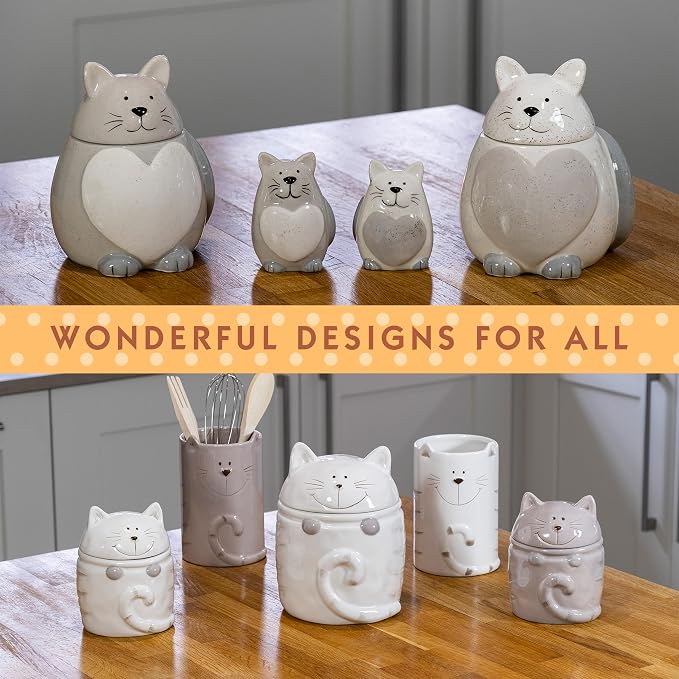 SPOTTED DOG GIFT COMPANY Ceramic Cookie Jar with Lid, Large Cat Treat Container for Cookies & Biscuits, Cute Novelty Kitchen Storage for Countertop, Gifts for Cat Lovers - 43oz Gray