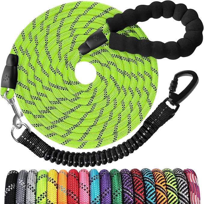 Long Dog Leash 15 FT: Heavy Duty Rope Leashes for Dogs Training with Swivel Lockable Hook Reflective Threads Bungee and Padded Handle - Dog Lead for Large Small Medium Dogs Outside Walking Hiking