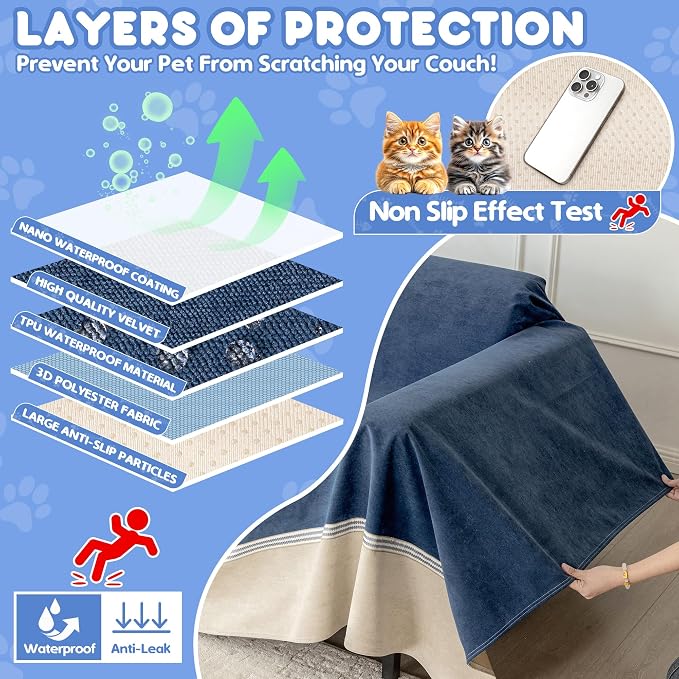 Loiion Cat Scratch Proof Furniture Protector Waterproof Sofa Cover 150"x91" | Pet-Friendly Couch Protector, Anti-Scratch & Anti-Slip Sofa Cover For Cats Dogs Kids, Machine Washable