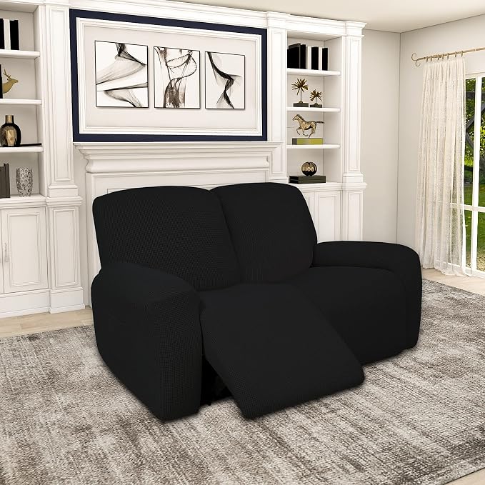 Easy-Going 100% Dual Waterproof Recliner Loveseat Cover, 6-Pieces Stretch Relining Sofa Cover with Pocket, Jacquard 2 Seat Sofa Slipcover Leakproof Washable (Loveseat, Black)