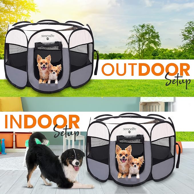 SereneLife ON-The-GO Foldable Portable Pet Tent 8-Panel Playpen for Dog & Cat w/Food/Water Bowl, Mesh, Pet House Indoor & Outdoor, Travel & Camping Pet Kennel Exercise Puppy Playground (Grey - Medium)