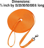 Hi Kiss Dog/Puppy Obedience Recall Agility Lead - 15ft 20ft 30ft 50ft 100ft Leash - Great for Training, Play, Camping, or Backyard - Orange 20ft