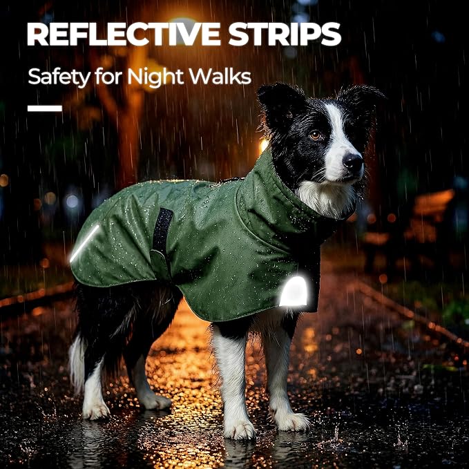 PU Dog Raincoat, Non-Toxic & Odorless Waterproof Vest, Adjustable High Neck and Hook & Loop Belly Closure for Rainy Potty Breaks & Wet Weather Outdoor Walks (Olive Green, Large)