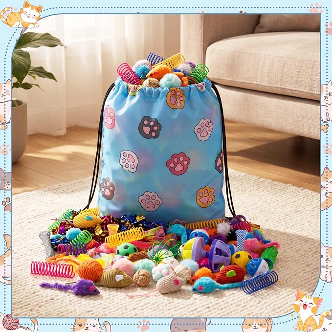 Leitee 151 Pcs Cat Interactive Toys for Indoor Cats Bulk with Gift Storage Bag Kitten Toys Stuff Gift Set Including Springs Mice Balls Bells Sisal Ball for Indoor Kitty Play Exercise(Cute)