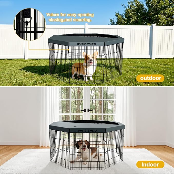 Puppy Playpen with Top Cover,Dog Pen Foldable Dog Fence 8 Panels 30 Inch | Dog Playpen with Door for Indoor Outdoor,Dog Exercise Fences for Small Medium Animals