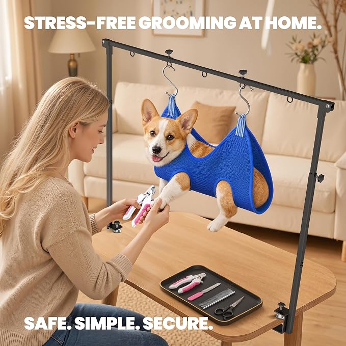 ALLPET&CO Double Bar Dog Grooming Arm with Hammock & Kit, 42" H Clamp Fits 2.76", Pet Grooming Table Stand for Nail Trimming Cats Dogs