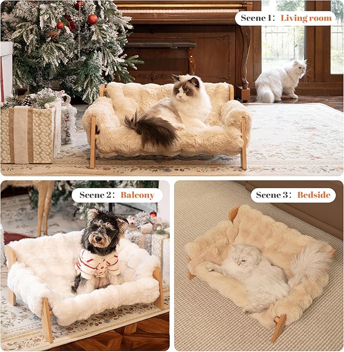 CHEERHOME PETS Elevated Cat Couch Bed for Indoor Cats, Wooden Cat Sofa with Removable Washable Fluffy Cover Raised Kitty Lounge Chair Suitable for Puppy(Cat Sofa Off-White)