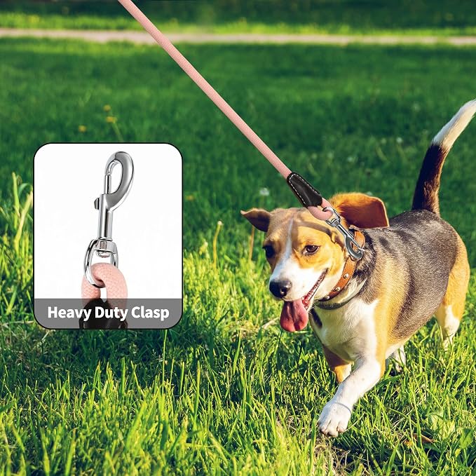 Mile High Life Pink Dog Leash with Genuine Leather Handle, 4/5/6 FT | Rope Leash, Heavy Duty 360° Swivel Metal Clasp, for Small Medium & Large Dogs (Light Pink, 72 Inch)