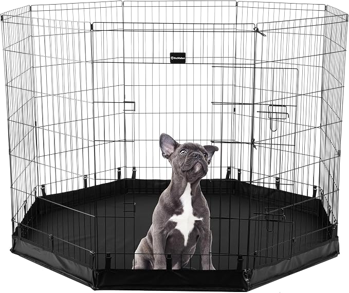 Dog Playpen - Foldable Metal Exercise Puppy Play Pen with Eight 24x42in Extra-Tall Panels and Gate - Indoor/Outdoor Dog Fence with Fabric Bottom for Dogs, Cats or Small Animals by PETMAKER (Black)