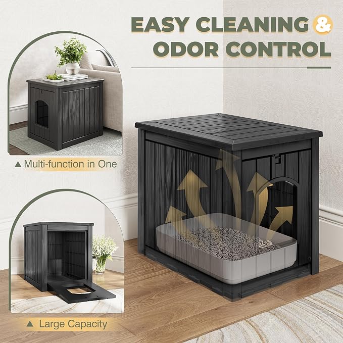 Cat Litter Box Enclosure, Enclosed Cat Litter Box Raised Floor, Openable Front Door Outdoor Cat House Weatherproof, Easy to Clean, Black
