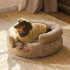 FUKUMARU Round Cat Bed, Plush Washable Calming Dog Bed with Low Entry | Raised Bolster Small Dog Bed, Soft Cozy Donut Cat Bed for Indoor Cats, Faux Rabbit Fur & Anti-Slip Bottom, 20 Inch, Camel