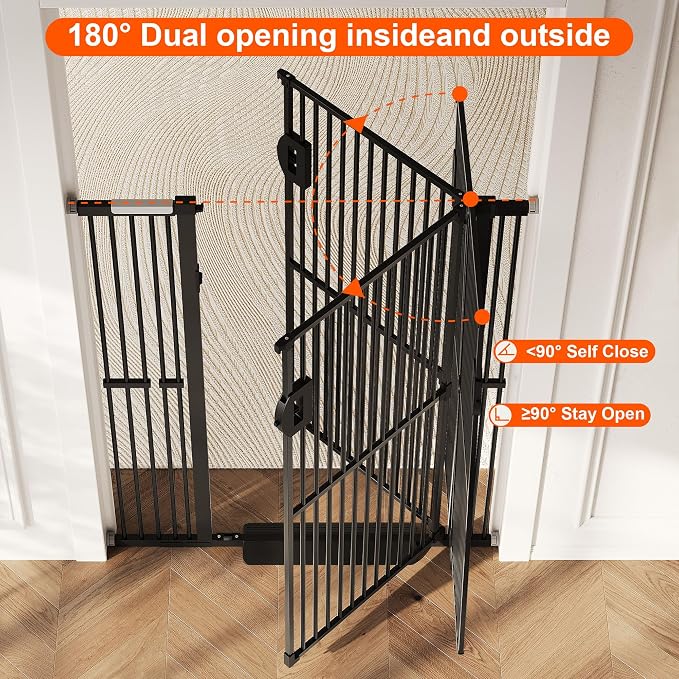 Jekriuet 57" Extra Tall Pet Gate, 27.5"-38.5" Wide, Black | Dog Cat Gate for Doorways Hallways Stairs,Pressure Mounted 1.18" Ultra Narrow Gap No Drilling One-Handed Auto-Close