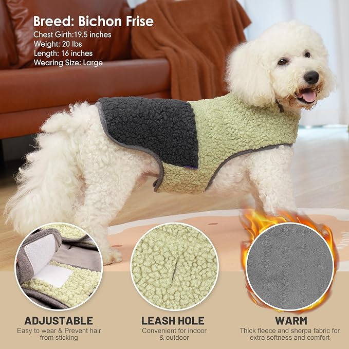 cyeollo Warm Dog Coat Sherpa Dog Winter Coat, Reversible Fleece Dogs Jackets Sweater Vest for Small Dogs Male with Leash Hole, Soft Cold Weather Pet Clothes, Khaki L