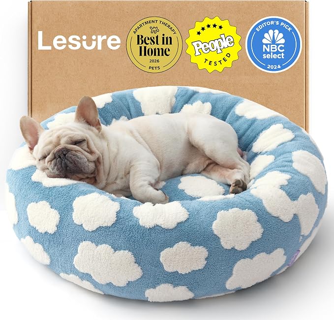 LE SURE Shown on TV Donut Dog Bed Medium Size Dog - Round Cat Beds Indoor as Bed Gift for Calming with Washable Cover, Cute Home Decor Bed with Jacquard Shaggy Plush & Anti Slip Bottom, 30 Inch, Blue | Orthopedic Calming Pet Bed Sofa, Original Design P...
