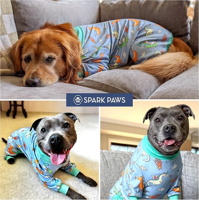 Spark Paws Dog Pajama, Dog Recovery Suit Male, Onesie, Ultra-Soft and 4-Way Stretch, for Small Medium and Large Breeds - Dragons - 3XL