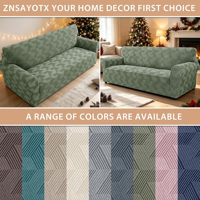 ZNSAYOTX Stretch Oversized Couch Covers for 3 Cushion Couch, 1-Piece Extra Large Sofa Cover Slipcover, Furniture Protector with Elastic Bottom Geometrical Jacquard Fabric (X-Large, Army Green)