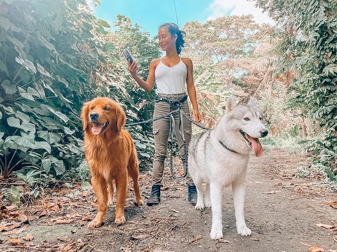 Tuff Pupper Heavy Duty Hands Free Bungee Dog Leash | Two Large Dogs Up to 250 lbs | Comfortable Shock Absorbing Bungee | Reflective Dual Padded Handles | Lumbar Waist Belt 28-50" | 360° Swivel Clips