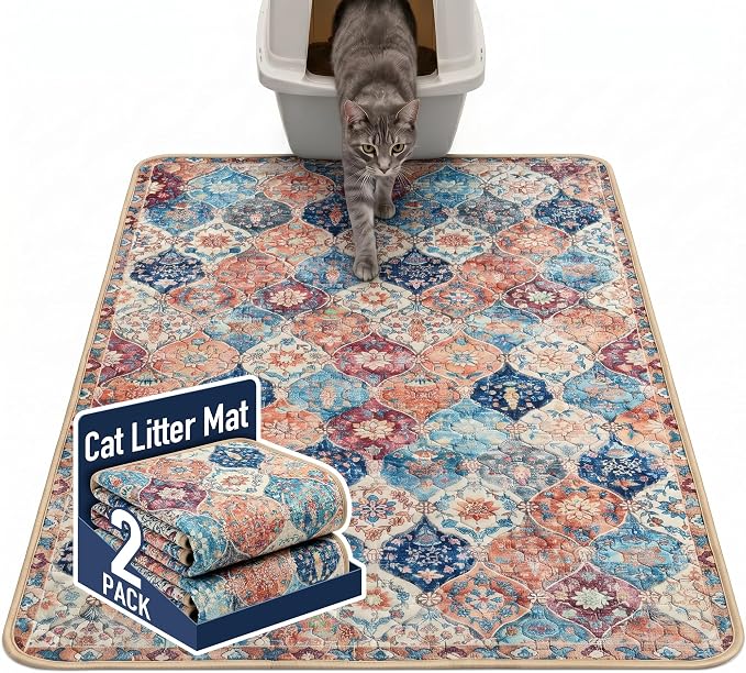 Hompet Cat Litter Mat 2 Pack, 48x72 Large Machine Washable Trapping Mats for Cats, Super Absorbent & Urine-Proof Cat Litter Box Mat for Floor, Waterproof & Non Slip Kitty Litter Rug