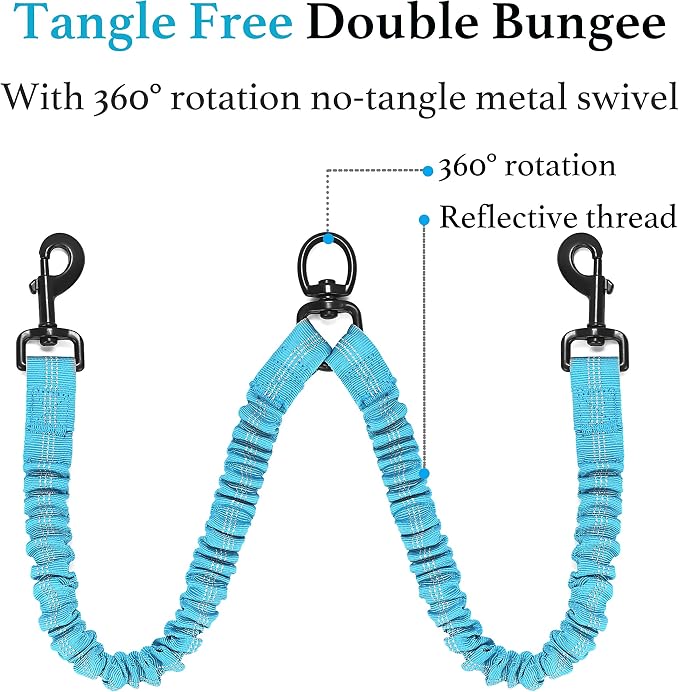 iYoShop Dual Dog Leash - 360° Swivel, No Tangle Walking Leash with Shock Absorbing Bungee for Two Dogs (Large, 25-150 lbs, Blue)