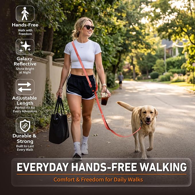 Hands Free Dog Leash,Galaxy Reflective,Crossbody Dog Leash,Orange | Galaxy Reflective • High Visibility • Emergency Control Handle • Heavy-Duty Hardware