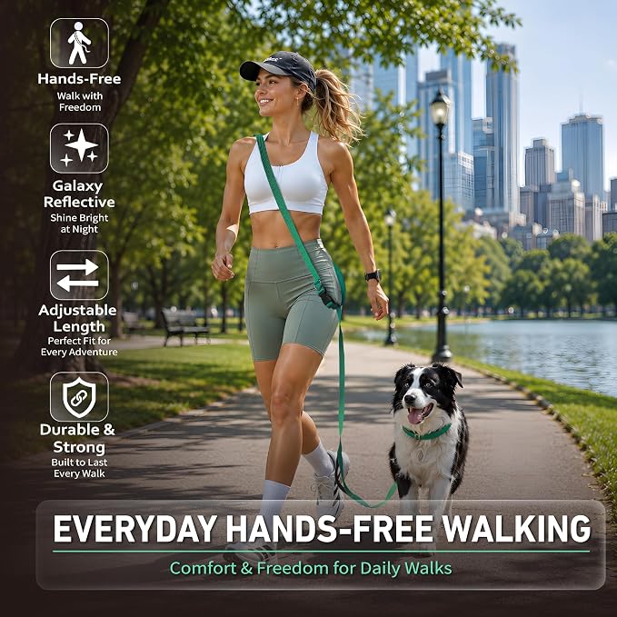 Hands Free Dog Leash,Galaxy Reflective, Crossbody Dog Leash, Green | Galaxy Reflective • Outdoor Ready • Emergency Control Handle • Multi-Way Wear