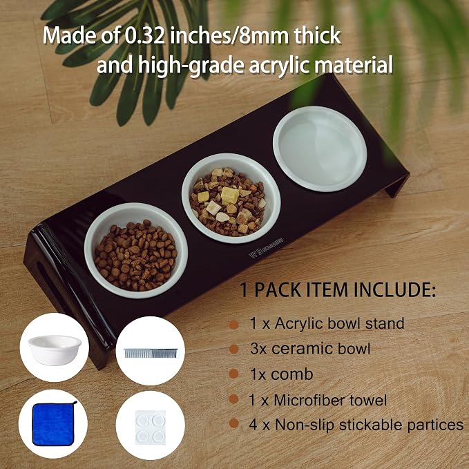 Tilted Raised Elevated Food and Water Bowls Stand for Cat or Small Dogs - Puppy's Clear Acrylic Stainless Steel 3 Dishes Holder for Boy or Girl Pet by WBhonghui (Black-3bowls)