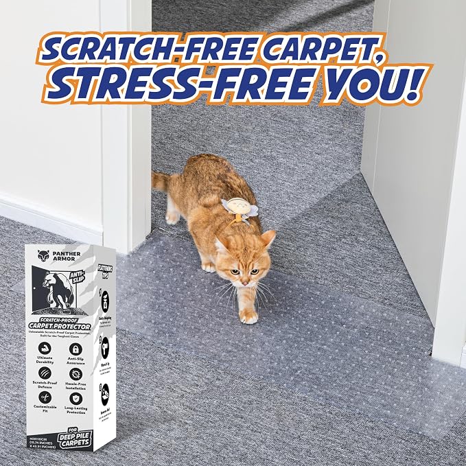 Panther Armor Cat Carpet Protector for Deep Pile, Runner Mat 16 x 43 in | Stops cats scratching deep pile carpet. Door edge protector and plastic runner mat