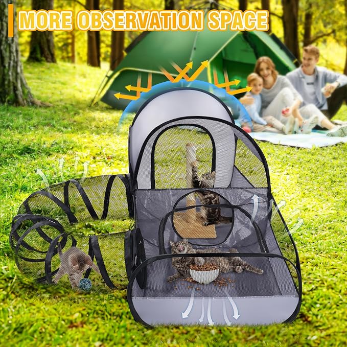 Tailtastic Indoor/Outdoor Cat Playpen with Surround Tunnel 2 Zones Grey | escape-proof enclosed enslosure,lightweight foldable for travel, ideal for indoor cats, multi-cat homes & birthing