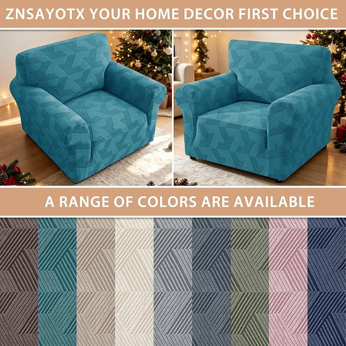 ZNSAYOTX Stretch Armchair Covers for, 1-Piece Chair Slipcovers for Living Room, Furniture Protector with Elastic Bottom for Dogs Cats Kids Geometrical Jacquard Fabric (Small, Peacock Blue)