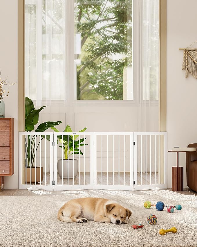 Free Standing Dog Gate Indoor, Foldable Dog Gate for Doorways Stairs | 4-Panel Freestanding Pet Gate with Support Feet for Stability, Folding Puppy Gate Easy to Move, Doggy Gate 72"x24", White