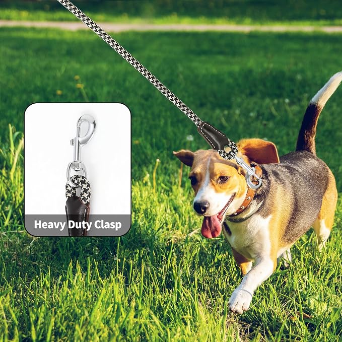 Mile High Life Dog Leash with Genuine Leather Handle, 4/5/6 FT | Comfortable Leather Grip Rope Leash, Heavy Duty 360° Swivel Metal Clasp, for Small Medium & Large Dogs (Khaki Black, 48 Inch)