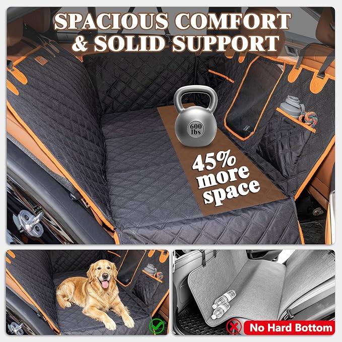 Hard Bottom Waterproof Dog Seat Cover Hammock for Full Size Truck | 900D Oxford bite-proof & waterproof. 35D sponge pad protects dog joints. Extra-wide hard bottom supports 600lbs. Mesh window