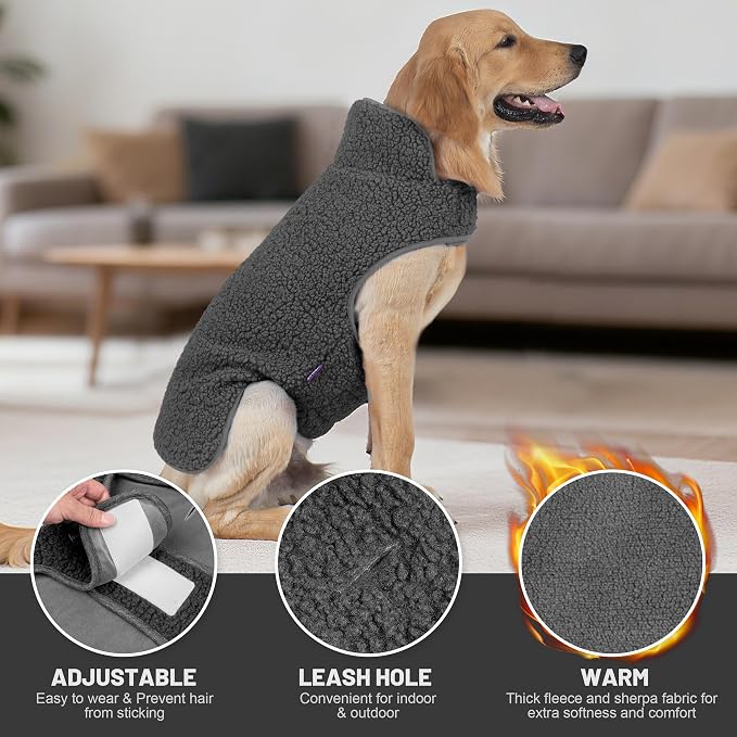 cyeollo 2XL Dog Coat, Sherpa Winter Dogs Sweater Warm Fleece Doggie Coats Turtleneck Reversible Jackets for Small Medium Large Dogs with Leash Hole, Soft Cold Weather Vest, Dark Grey XXL