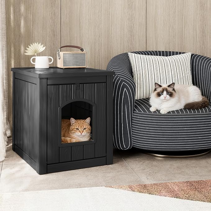 Cat Litter Box Enclosure, Openable Front Door Outdoor Enclosed Cat Litter Box, Outdoor Cat House Weatherproof Raised Floor, Easy to Clean, Black